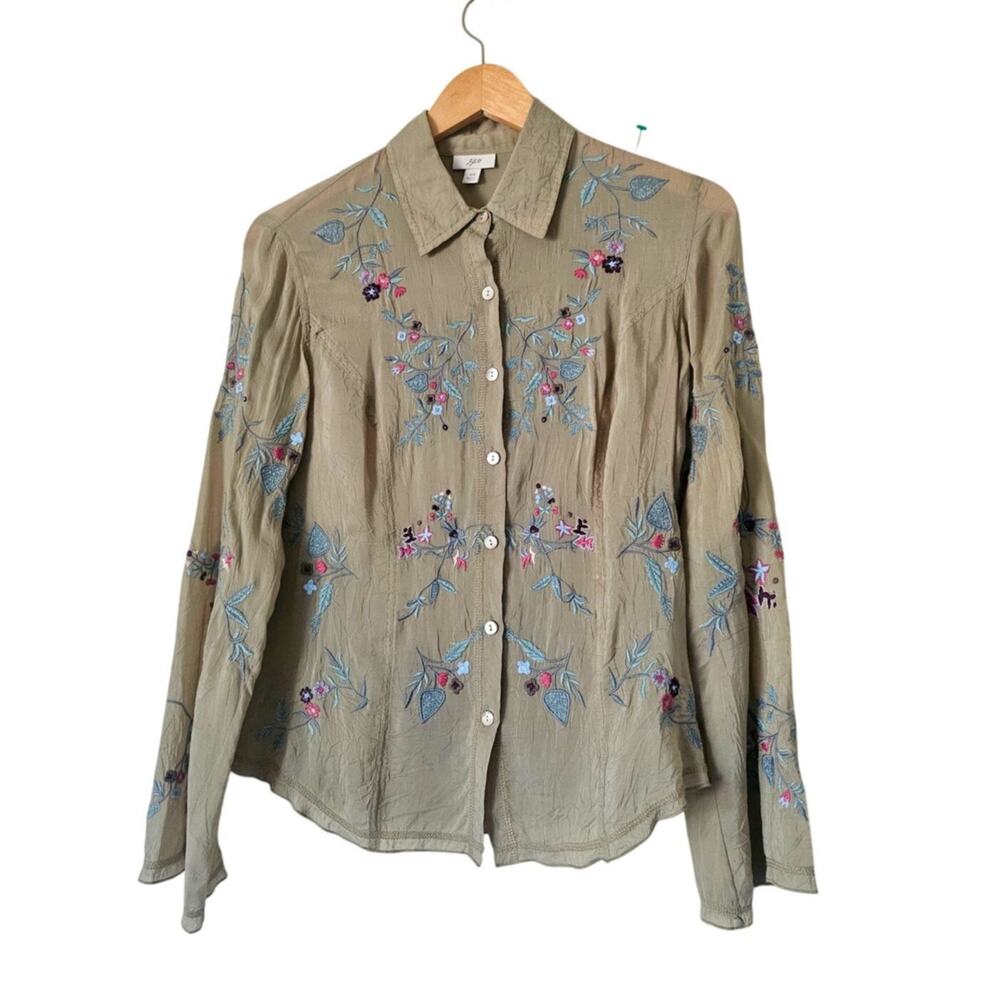 J. Jill Sage Green Embroidered Boho Blouse Crinkle Rayon Sheer Button Front, XS